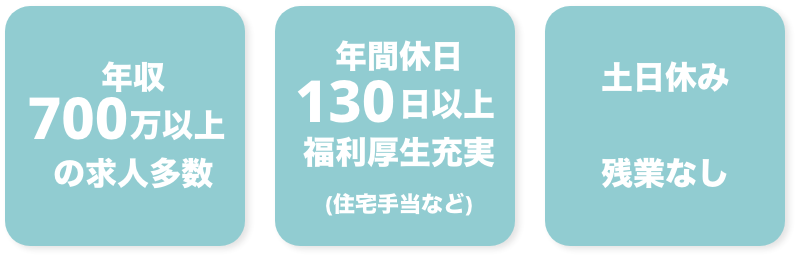 手取り43万以上+ボーナス3回、年間休日130日以上 福利厚生充実(住宅手当など)、土日休み 残業なし